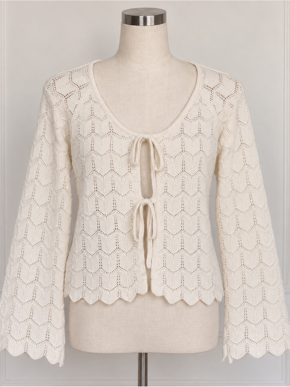 Celebrity Pink Cream Pointelle Tie Front Cardigan L